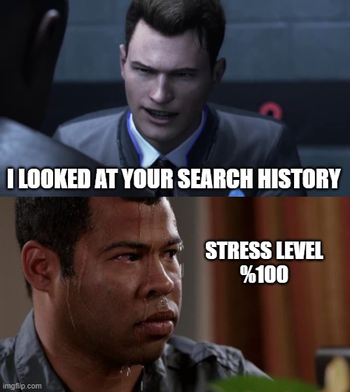 LOL | I LOOKED AT YOUR SEARCH HISTORY; STRESS LEVEL
%100 | image tagged in 28 stab wounds,sweating bullets,memes | made w/ Imgflip meme maker