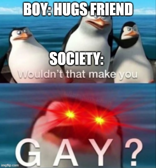 G A Y | BOY: HUGS FRIEND; SOCIETY: | image tagged in wouldn't that make you gay | made w/ Imgflip meme maker