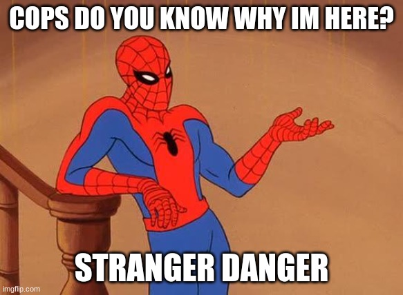 You know why I'm here Spiderman  | COPS DO YOU KNOW WHY IM HERE? STRANGER DANGER | image tagged in you know why i'm here spiderman | made w/ Imgflip meme maker