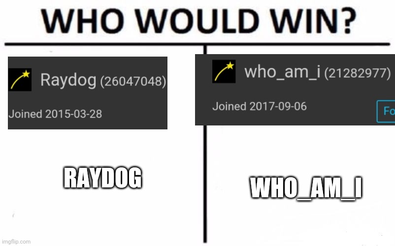 Who Would Win? | RAYDOG; WHO_AM_I | image tagged in memes,who would win | made w/ Imgflip meme maker