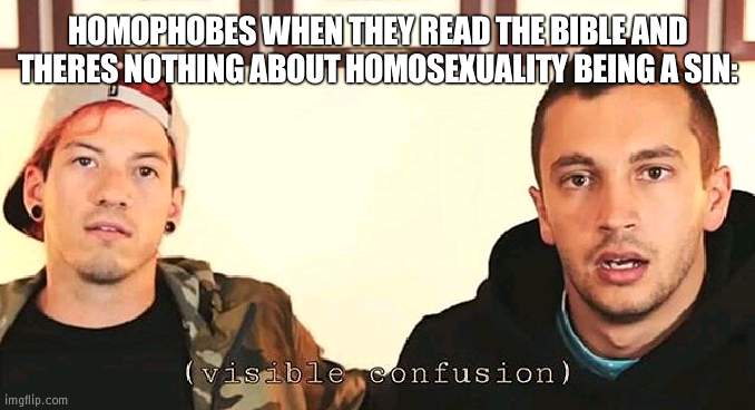 visible confusion | HOMOPHOBES WHEN THEY READ THE BIBLE AND THERES NOTHING ABOUT HOMOSEXUALITY BEING A SIN: | image tagged in visible confusion | made w/ Imgflip meme maker