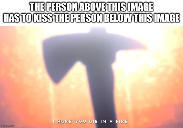 heh | THE PERSON ABOVE THIS IMAGE HAS TO KISS THE PERSON BELOW THIS IMAGE | image tagged in die in a fire | made w/ Imgflip meme maker