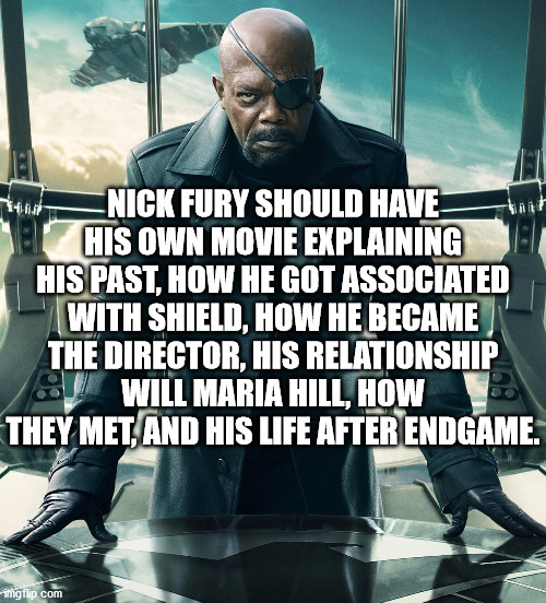 Who else agrees? | NICK FURY SHOULD HAVE HIS OWN MOVIE EXPLAINING HIS PAST, HOW HE GOT ASSOCIATED WITH SHIELD, HOW HE BECAME THE DIRECTOR, HIS RELATIONSHIP WILL MARIA HILL, HOW THEY MET, AND HIS LIFE AFTER ENDGAME. | image tagged in nick fury | made w/ Imgflip meme maker