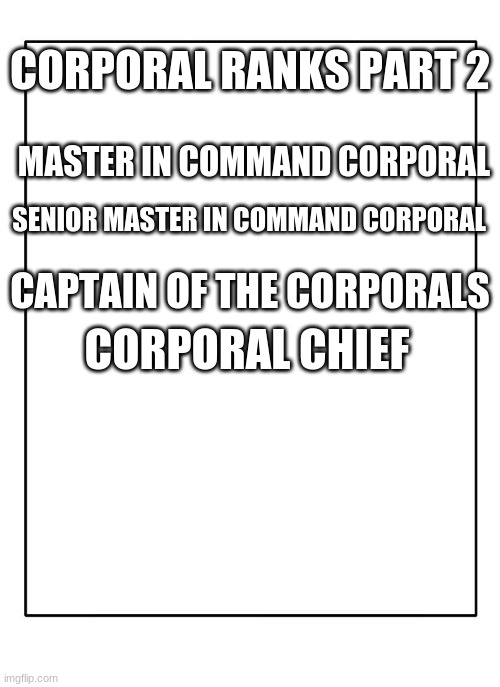 pt 2 of the corporal ranks ( just let me be creative ) | CORPORAL RANKS PART 2; MASTER IN COMMAND CORPORAL; SENIOR MASTER IN COMMAND CORPORAL; CAPTAIN OF THE CORPORALS; CORPORAL CHIEF | image tagged in blank template | made w/ Imgflip meme maker