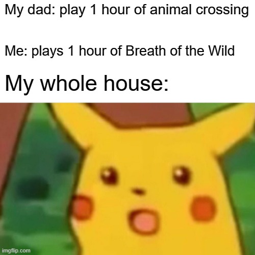 For all those relatable Nintendo kids | My dad: play 1 hour of animal crossing; Me: plays 1 hour of Breath of the Wild; My whole house: | image tagged in memes,surprised pikachu | made w/ Imgflip meme maker