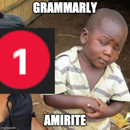 grammarly | GRAMMARLY; AMIRITE | image tagged in grammarly,third world skeptical kid | made w/ Imgflip meme maker