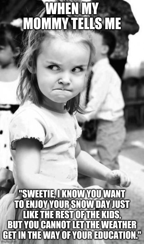 #StrictParentHack | WHEN MY MOMMY TELLS ME; "SWEETIE, I KNOW YOU WANT TO ENJOY YOUR SNOW DAY JUST LIKE THE REST OF THE KIDS, BUT YOU CANNOT LET THE WEATHER GET IN THE WAY OF YOUR EDUCATION." | image tagged in memes,angry toddler,snow day,snow,winter,can you relate | made w/ Imgflip meme maker