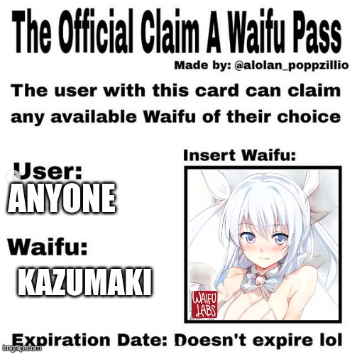 more waifus | ANYONE; KAZUMAKI | image tagged in official claim a waifu pass | made w/ Imgflip meme maker