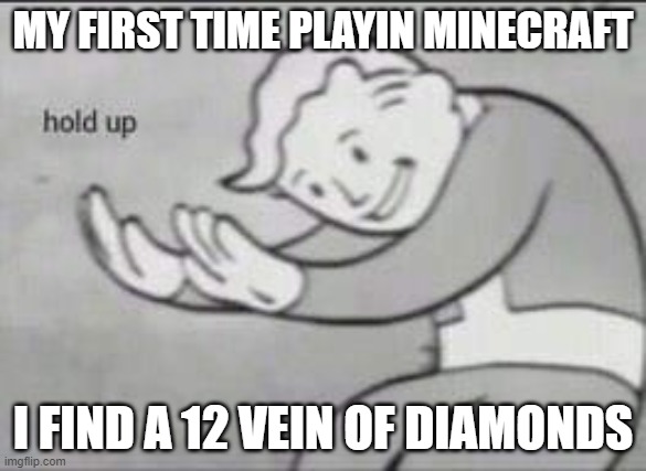 Fallout Hold Up | MY FIRST TIME PLAYIN MINECRAFT; I FIND A 12 VEIN OF DIAMONDS | image tagged in fallout hold up | made w/ Imgflip meme maker