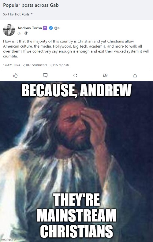 Mainstream Christians are by definition mainstream and aren't attracted by the idea of seceding from normal American life | BECAUSE, ANDREW; THEY'RE MAINSTREAM CHRISTIANS | image tagged in andrew torba christian,jesus facepalm | made w/ Imgflip meme maker