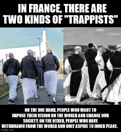 "Trappes" is a town in the suburbs of Paris (No Go Zone) | IN FRANCE, THERE ARE TWO KINDS OF "TRAPPISTS"; ON THE ONE HAND, PEOPLE WHO WANT TO IMPOSE THEIR VISION ON THE WORLD AND CHANGE OUR SOCIETY, ON THE OTHER, PEOPLE WHO HAVE WITHDRAWN FROM THE WORLD AND ONLY ASPIRE TO INNER PEACE. | image tagged in islam,france,jihadist | made w/ Imgflip meme maker