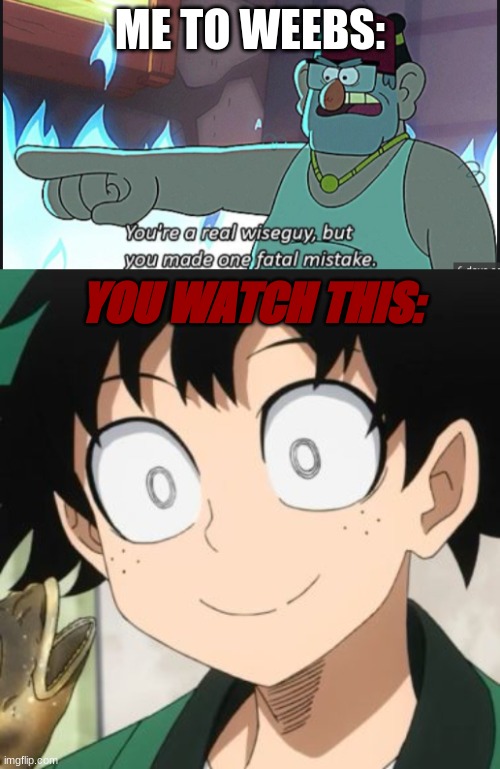 You're a real wiseguy but you made one fatal mistake | ME TO WEEBS:; YOU WATCH THIS: | image tagged in you're a real wiseguy but you made one fatal mistake,triggered deku | made w/ Imgflip meme maker