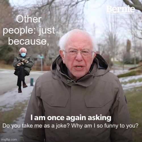 Bernie I Am Once Again Asking For Your Support | Other people: just because, Do you take me as a joke? Why am I so funny to you? | image tagged in memes,bernie i am once again asking for your support | made w/ Imgflip meme maker