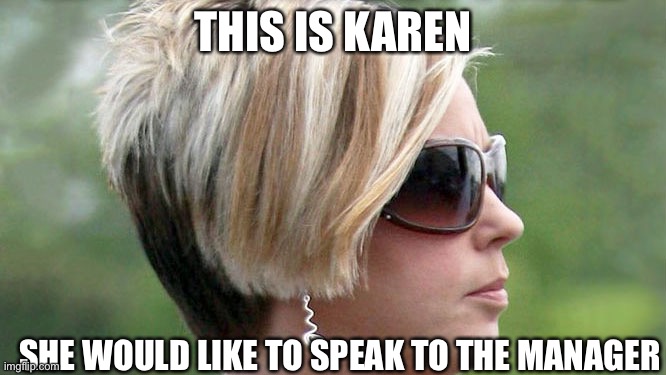 What a Karen is | THIS IS KAREN; SHE WOULD LIKE TO SPEAK TO THE MANAGER | image tagged in karen,FreeKarma4U | made w/ Imgflip meme maker