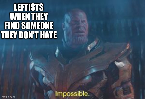 Thanos Impossible | LEFTISTS WHEN THEY FIND SOMEONE THEY DON'T HATE | image tagged in thanos impossible | made w/ Imgflip meme maker