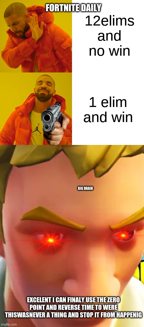 big brain bisness | 12elims and no win; FORTNITE DAILY; 1 elim and win; BIG BRAIN; EXCELENT I CAN FINALY USE THE ZERO POINT AND REVERSE TIME TO WERE THISWASNEVER A THING AND STOP IT FROM HAPPENIG | image tagged in memes,drake hotline bling | made w/ Imgflip meme maker