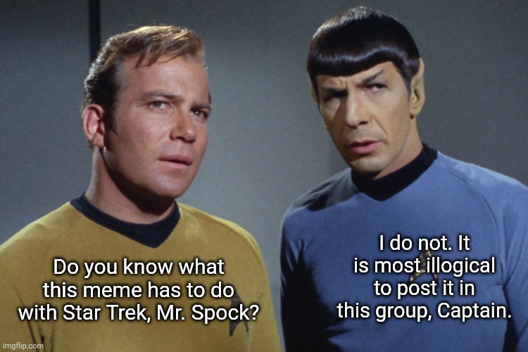 When he won't stop posting Star Wars memes in the Star Trek group | I do not. It is most illogical to post it in this group, Captain. Do you know what this meme has to do with Star Trek, Mr. Spock? | image tagged in star trek,kirk and spock,spock,kirk,memes | made w/ Imgflip meme maker
