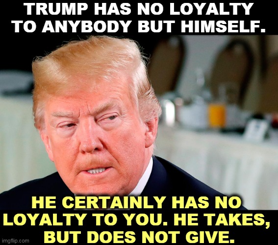 For Trump, loyalty is a one way street, and the traffic is against you. | TRUMP HAS NO LOYALTY TO ANYBODY BUT HIMSELF. HE CERTAINLY HAS NO 
LOYALTY TO YOU. HE TAKES, 
BUT DOES NOT GIVE. | image tagged in trump lip curl as his world goes to shit,trump,none,loyalty | made w/ Imgflip meme maker