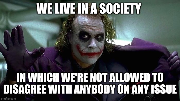 This is pretty much today's world! | WE LIVE IN A SOCIETY; IN WHICH WE'RE NOT ALLOWED TO DISAGREE WITH ANYBODY ON ANY ISSUE | image tagged in we live in a society | made w/ Imgflip meme maker