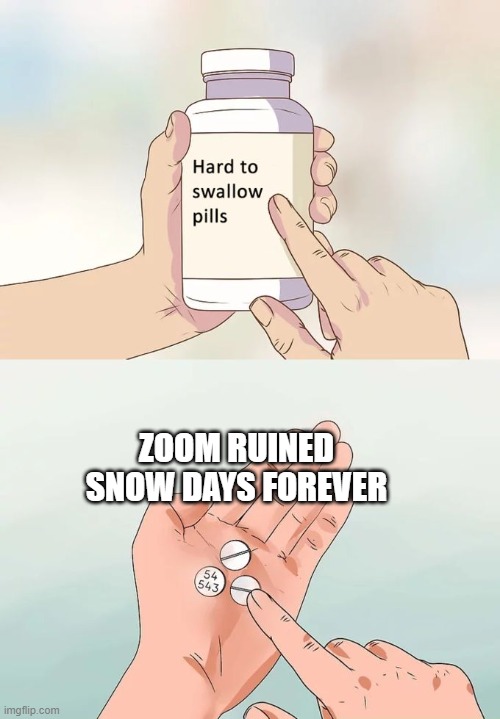 Hard To Swallow Pills | ZOOM RUINED SNOW DAYS FOREVER | image tagged in memes,hard to swallow pills | made w/ Imgflip meme maker