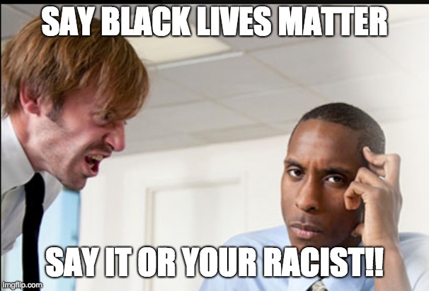 say black lives matter | SAY BLACK LIVES MATTER; SAY IT OR YOUR RACIST!! | image tagged in black lives matter,racist | made w/ Imgflip meme maker