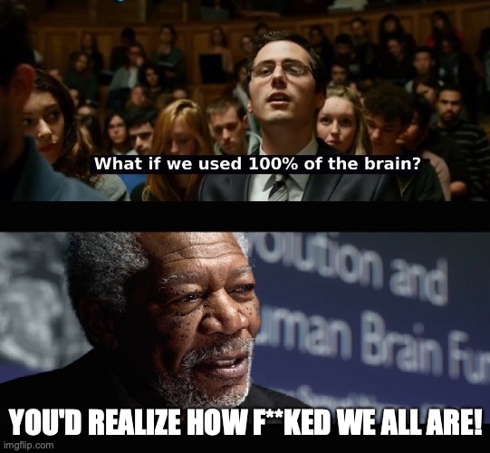 What if we used 100 % of the brain? | YOU'D REALIZE HOW F**KED WE ALL ARE! | image tagged in what if we used 100 of the brain | made w/ Imgflip meme maker