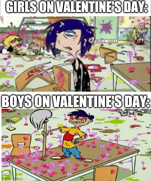 Valentine's day special | GIRLS ON VALENTINE'S DAY:; BOYS ON VALENTINE'S DAY: | image tagged in white background,boys vs girls,girls vs boys | made w/ Imgflip meme maker