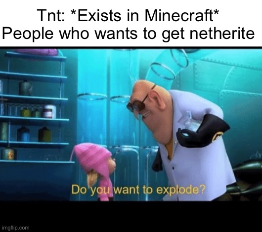 Minecraft stuff | Tnt: *Exists in Minecraft*
People who wants to get netherite | image tagged in do you want to explode | made w/ Imgflip meme maker