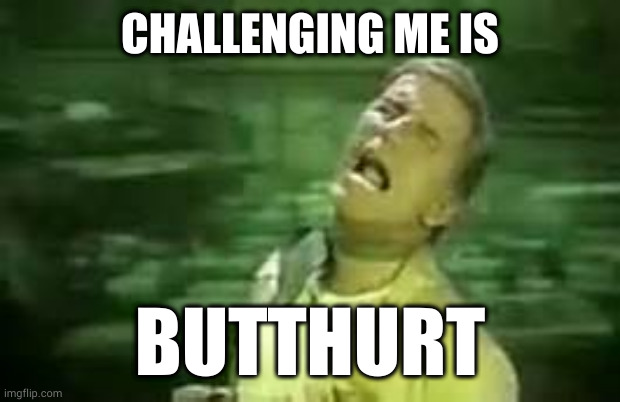 "I'm not *sniffle* even upset right now, I'm *sob* actually laughing. You're just *sniffle* butthurt." | CHALLENGING ME IS; BUTTHURT | image tagged in soylent green | made w/ Imgflip meme maker