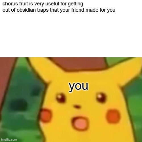 chorus fruit is useful(at least on multiplayer servers | chorus fruit is very useful for getting out of obsidian traps that your friend made for you; you | image tagged in memes,surprised pikachu | made w/ Imgflip meme maker