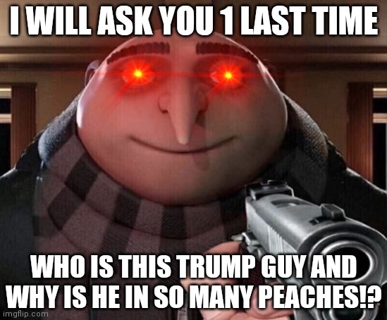I have a gun | I WILL ASK YOU 1 LAST TIME; WHO IS THIS TRUMP GUY AND WHY IS HE IN SO MANY PEACHES!? | image tagged in gru gun | made w/ Imgflip meme maker