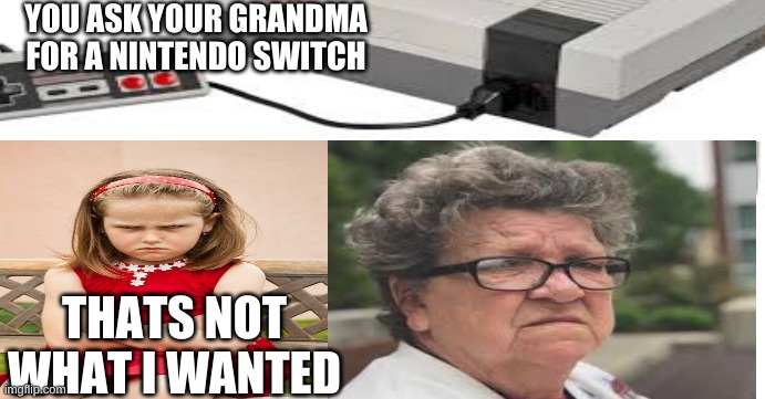 #spoiledbrat #oldgrandma | YOU ASK YOUR GRANDMA FOR A NINTENDO SWITCH; THATS NOT WHAT I WANTED | image tagged in mad | made w/ Imgflip meme maker