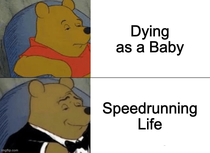 Tuxedo Winnie The Pooh Meme | Dying as a Baby; Speedrunning Life | image tagged in memes,tuxedo winnie the pooh | made w/ Imgflip meme maker