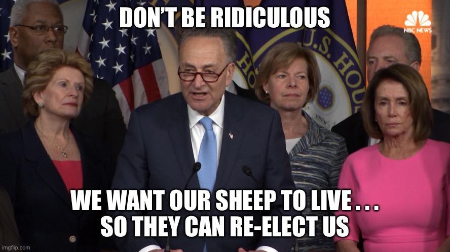 Democrat congressmen | DON’T BE RIDICULOUS WE WANT OUR SHEEP TO LIVE . . .
SO THEY CAN RE-ELECT US | image tagged in democrat congressmen | made w/ Imgflip meme maker