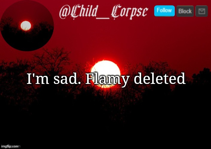 I'm really sad. | I'm sad. Flamy deleted | image tagged in child_corpse announcement template | made w/ Imgflip meme maker