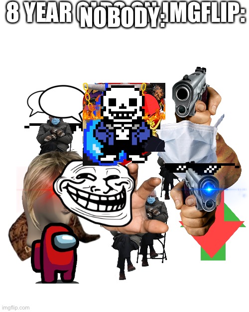 This is literally every single transparent image and it was so laggy making this. | 8 YEAR OLDS ON IMGFLIP:; NOBODY: | image tagged in everything,eight year olds,memes,stereotype | made w/ Imgflip meme maker