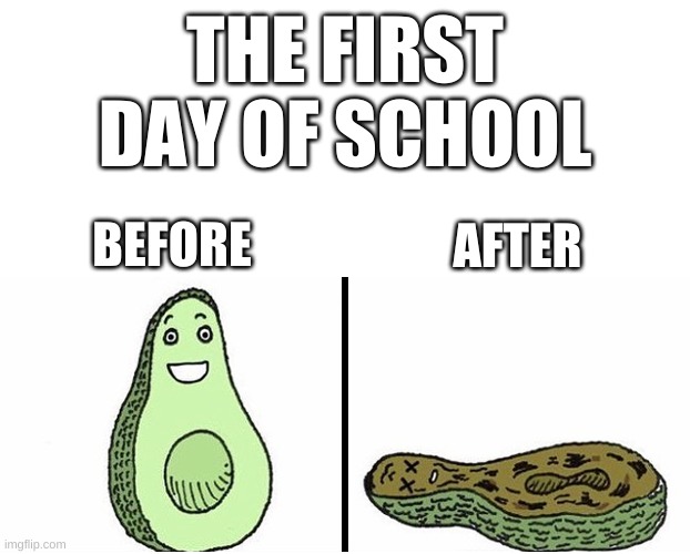 yes | THE FIRST DAY OF SCHOOL; BEFORE; AFTER | image tagged in memes,funny,avocado,comics/cartoons,school,relatable | made w/ Imgflip meme maker