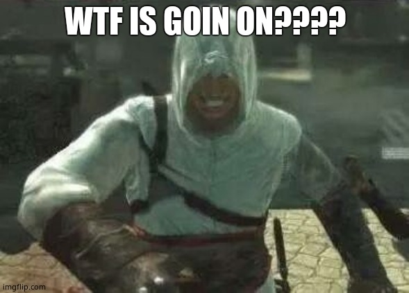 Altair's Grin | WTF IS GOIN ON???? | image tagged in altair's grin | made w/ Imgflip meme maker