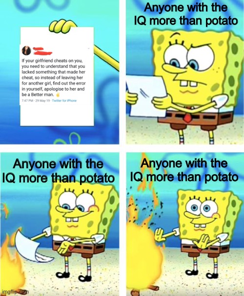 Wtf | Anyone with the IQ more than potato; Anyone with the IQ more than potato; Anyone with the IQ more than potato | image tagged in spongebob burning paper | made w/ Imgflip meme maker