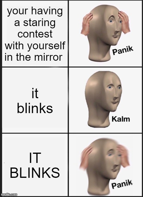 Panik Kalm Panik Meme | your having a staring contest with yourself in the mirror; it blinks; IT BLINKS | image tagged in memes,panik kalm panik | made w/ Imgflip meme maker