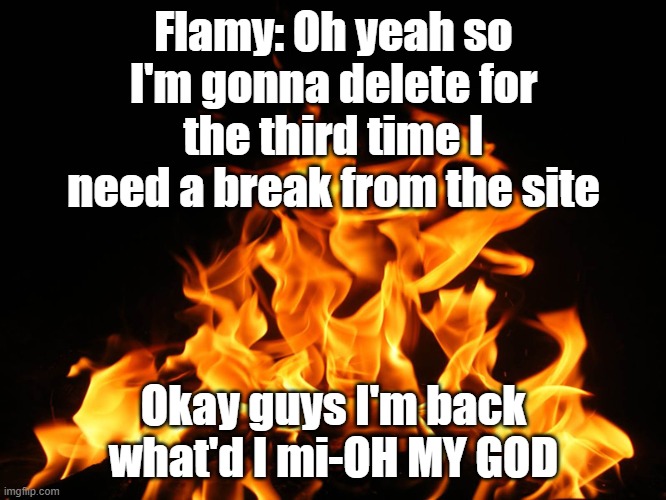 Flames | Flamy: Oh yeah so I'm gonna delete for the third time I need a break from the site; Okay guys I'm back what'd I mi-OH MY GOD | image tagged in flames | made w/ Imgflip meme maker