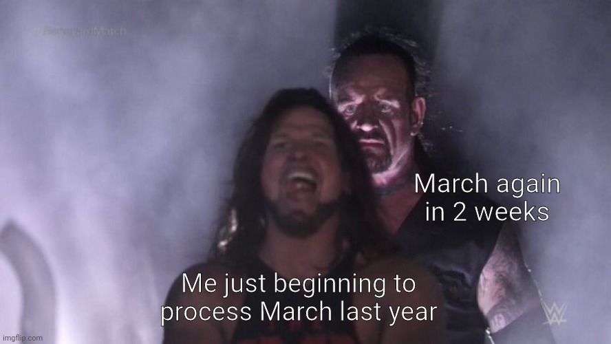 AJ Styles & Undertaker | March again in 2 weeks; Me just beginning to process March last year | image tagged in aj styles undertaker | made w/ Imgflip meme maker