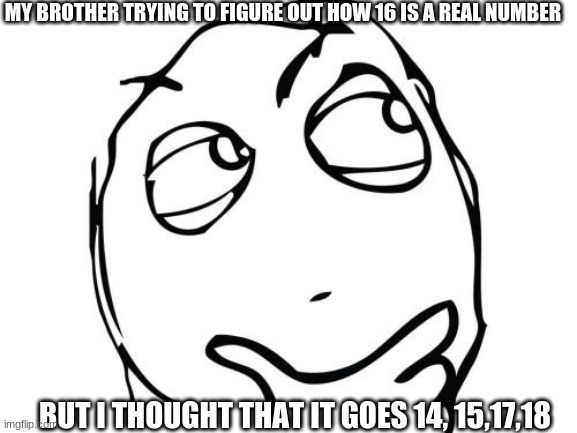 Question Rage Face | MY BROTHER TRYING TO FIGURE OUT HOW 16 IS A REAL NUMBER; BUT I THOUGHT THAT IT GOES 14, 15,17,18 | image tagged in memes,question rage face | made w/ Imgflip meme maker