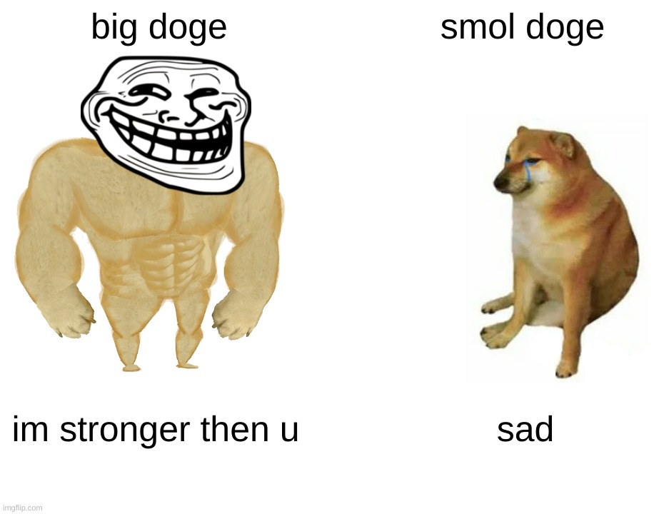 smol doge and big doge | big doge; smol doge; im stronger then u; sad | image tagged in memes,buff doge vs cheems | made w/ Imgflip meme maker