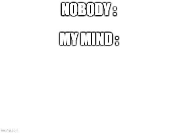 blank | NOBODY :; MY MIND : | image tagged in memes,blank white template,blank,idk | made w/ Imgflip meme maker