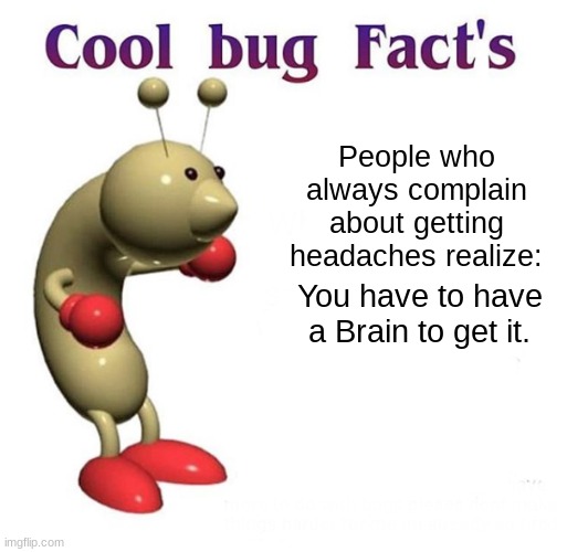 hmmmm | People who always complain about getting headaches realize:; You have to have a Brain to get it. | image tagged in cool bug facts,funny,memes | made w/ Imgflip meme maker