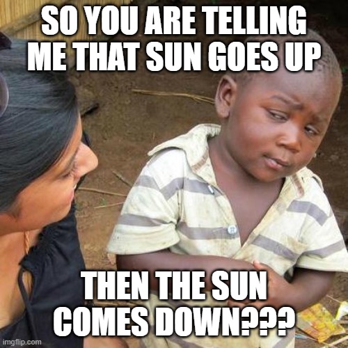 Third World Skeptical Kid | SO YOU ARE TELLING ME THAT SUN GOES UP; THEN THE SUN COMES DOWN??? | image tagged in memes,third world skeptical kid | made w/ Imgflip meme maker