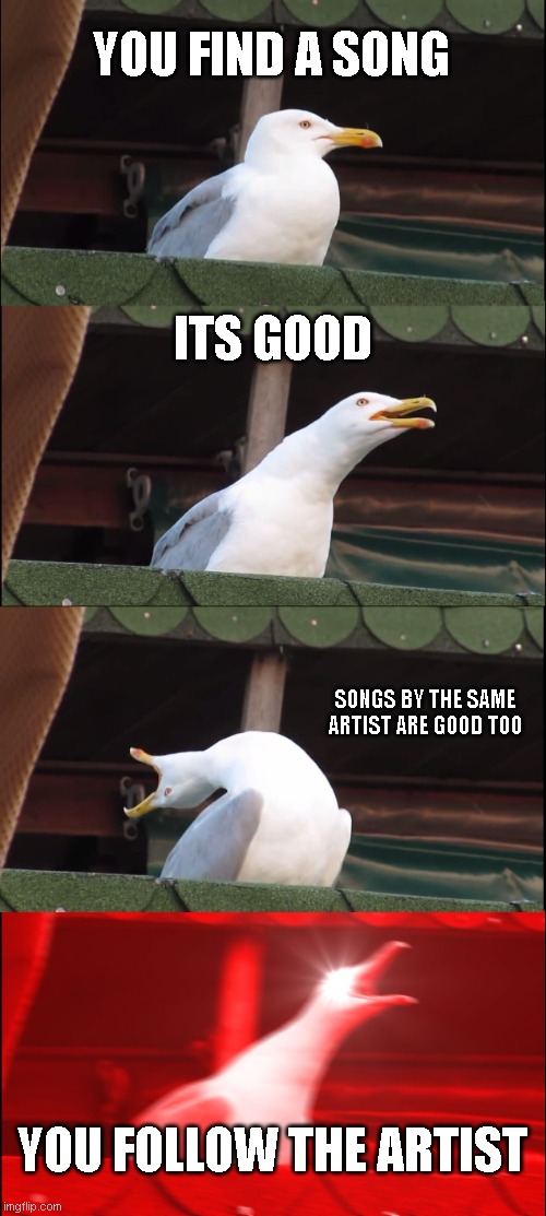 Inhaling Seagull Meme | YOU FIND A SONG; ITS GOOD; SONGS BY THE SAME ARTIST ARE GOOD TOO; YOU FOLLOW THE ARTIST | image tagged in memes,inhaling seagull | made w/ Imgflip meme maker