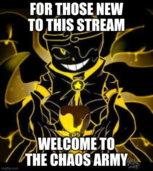 FOR THOSE NEW TO THIS STREAM; WELCOME TO THE CHAOS ARMY | image tagged in shattered dream sans | made w/ Imgflip meme maker