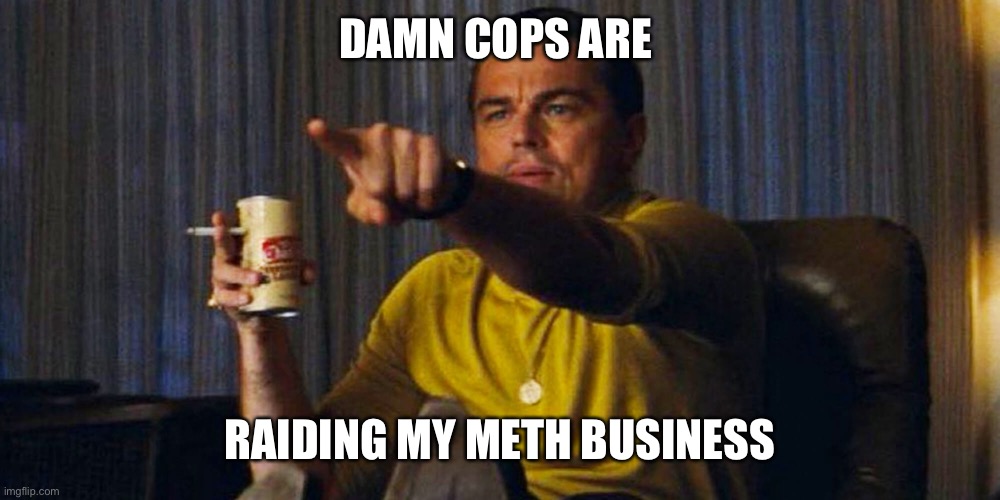 Leo pointing | DAMN COPS ARE; RAIDING MY METH BUSINESS | image tagged in leo pointing | made w/ Imgflip meme maker